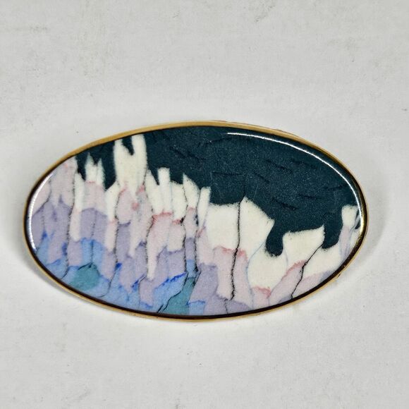 Ceramic Artist Pin Handmade Oval Abstract Landscape - Picture 1 of 6